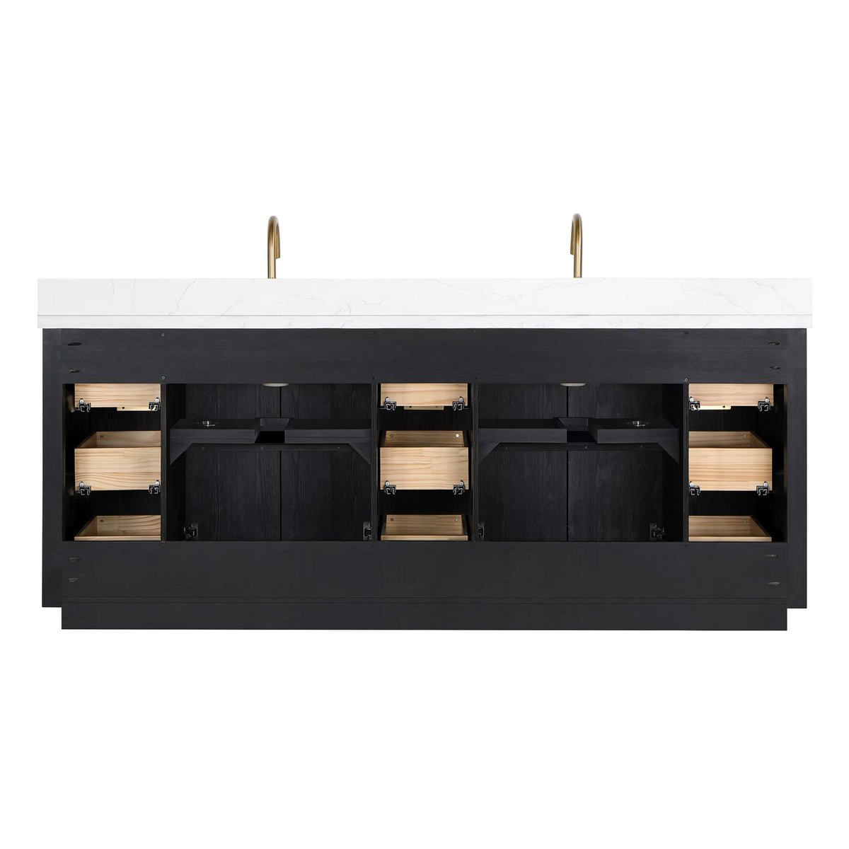 Studio view of the 84 inch vanity cabinet opened up, wood drawer boxes at both ends and open space in the middle