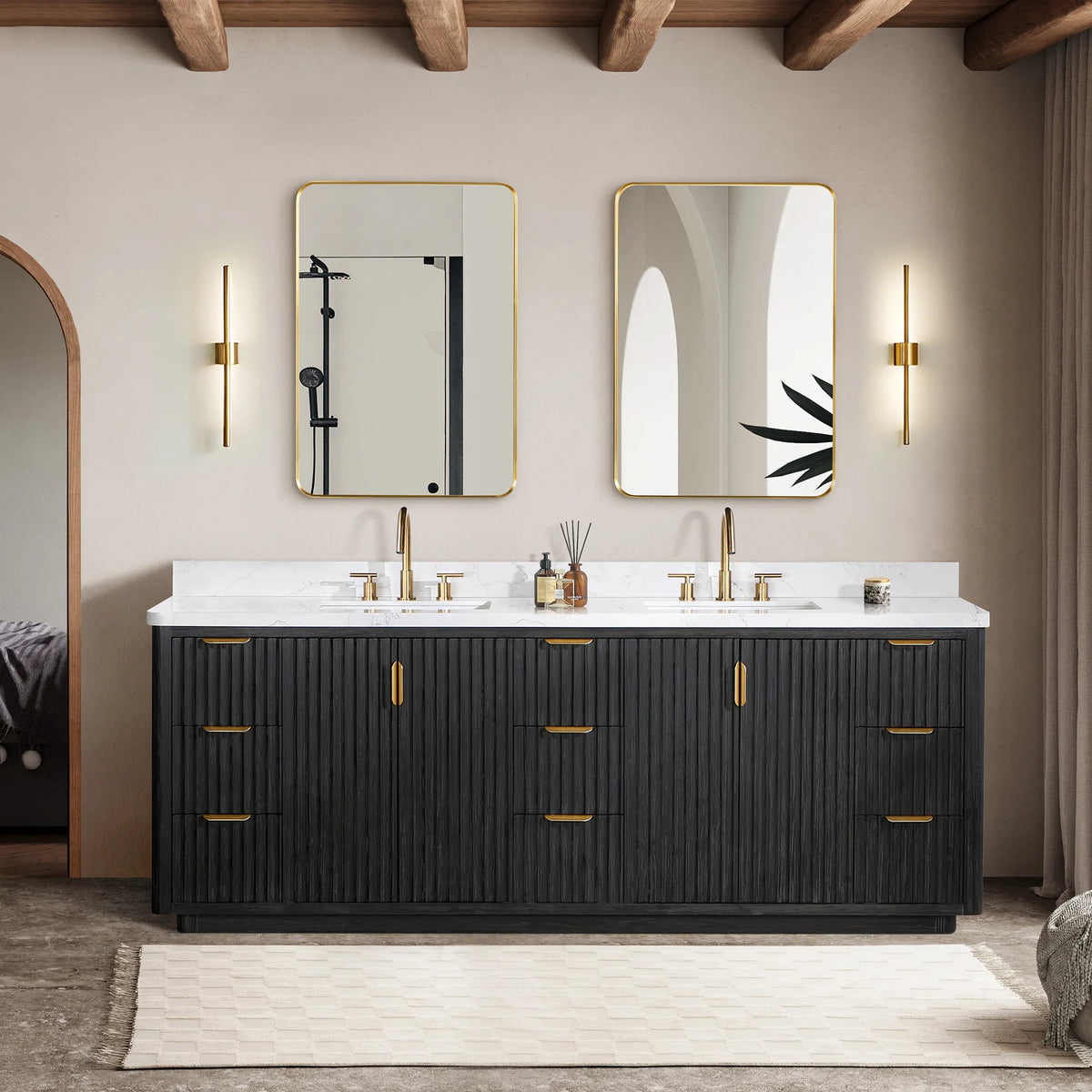Styled room: 84 inch Fir Wood Black double vanity under rectangular mirrors, wall sconces and a woven rug