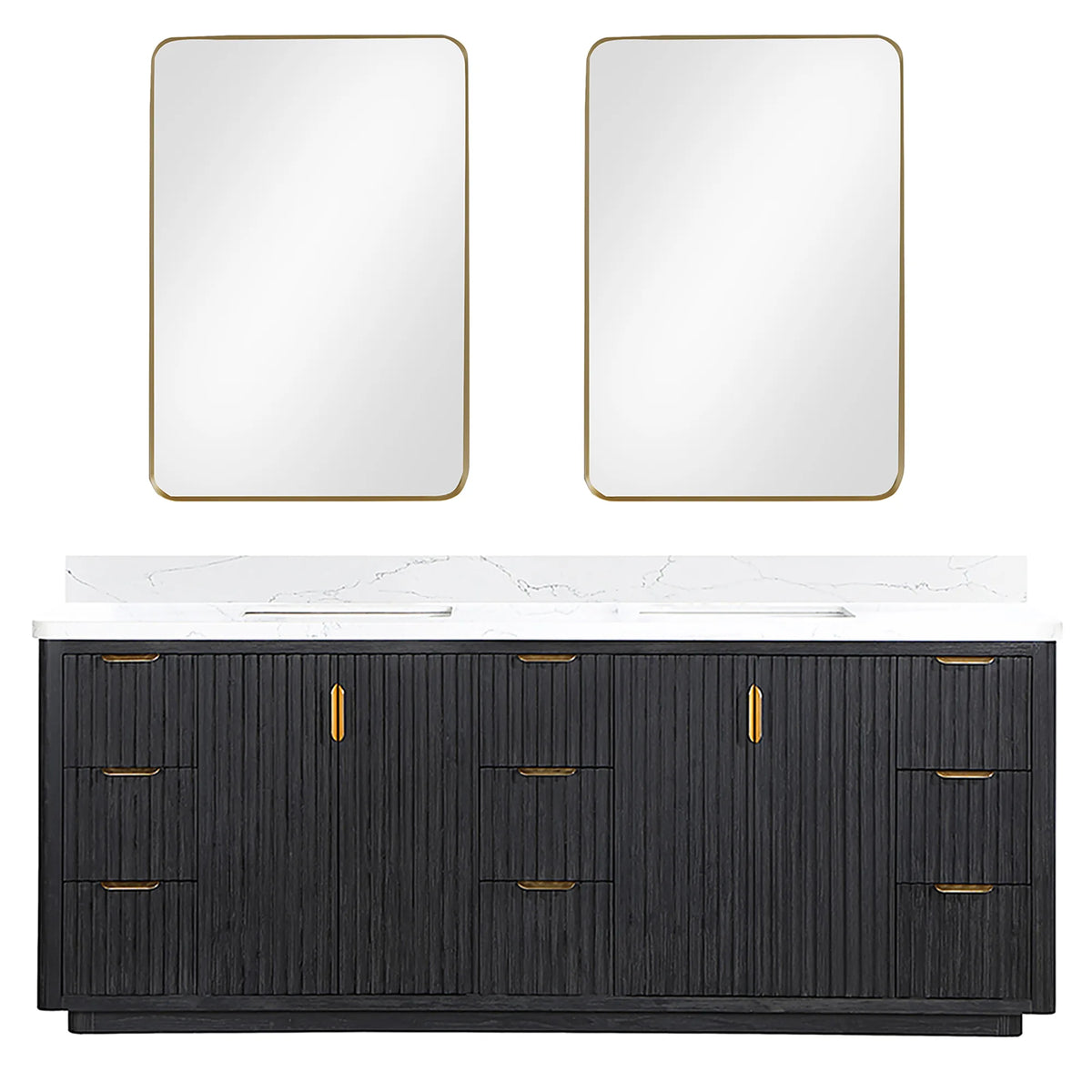 Double 84 inch vanity shown with two rectangular aluminum-framed mirrors above, studio view