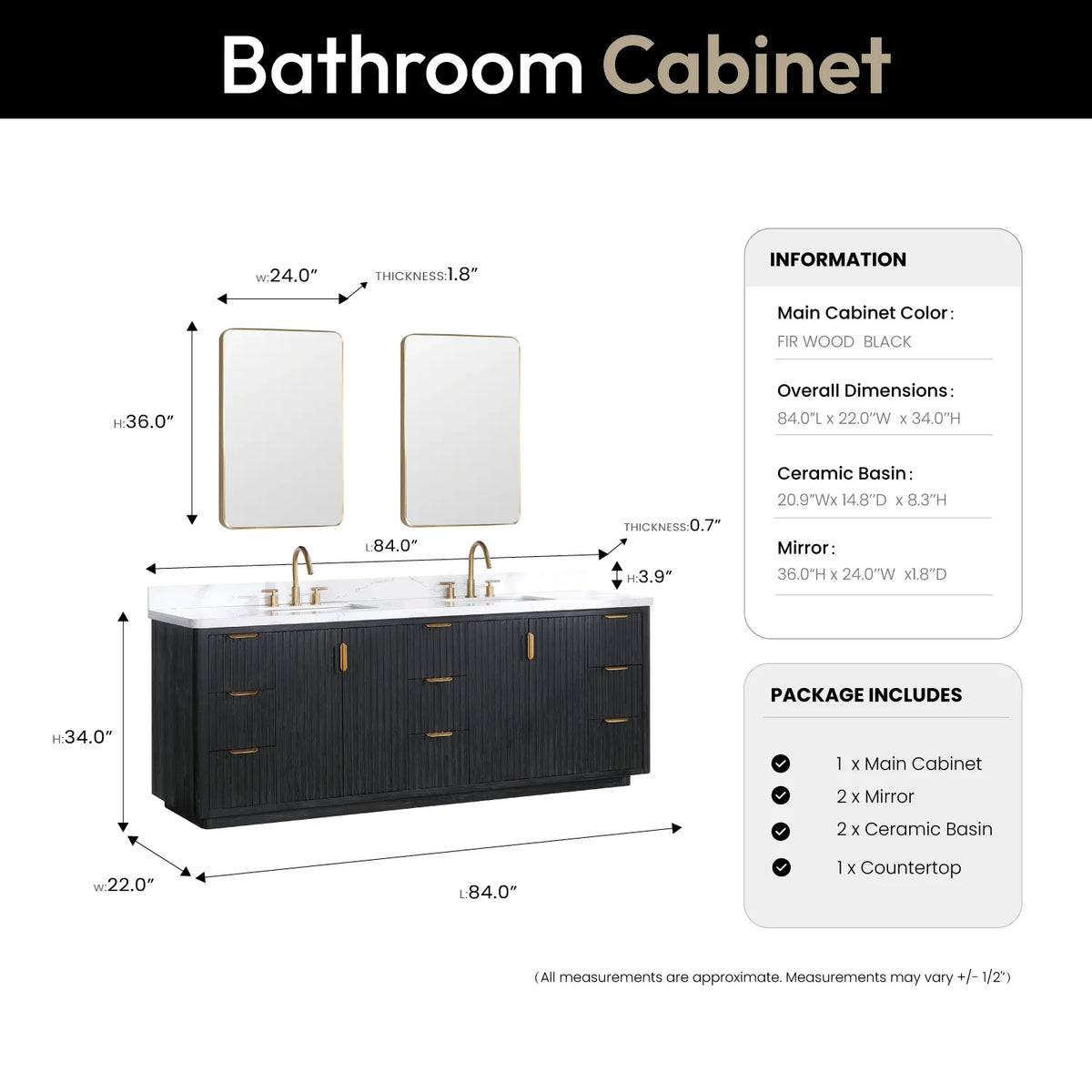 Layout showing two rectangular mirrors over the 84 inch vanity, vanity 84 by 22 by 34 inches
