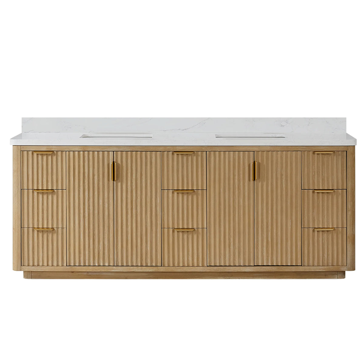 Freestanding Washed Ash Grey 84 inch double bathroom vanity with Lightning White composite top and backsplash