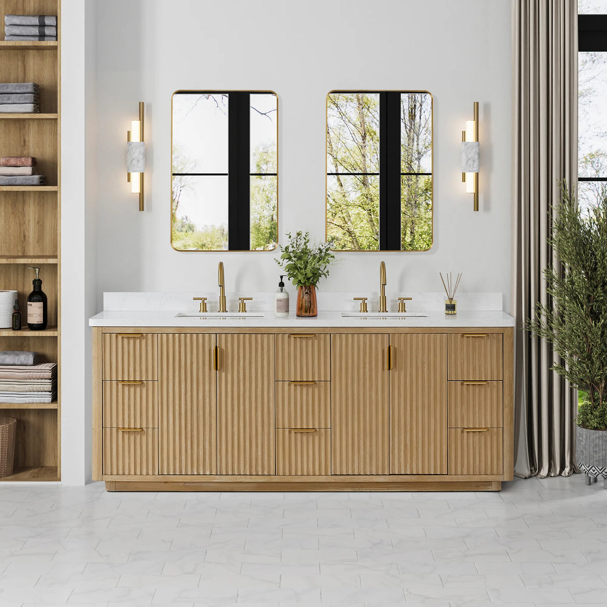 84 inch wood double vanity in a bright bathroom with two framed rectangular mirrors and wall lights