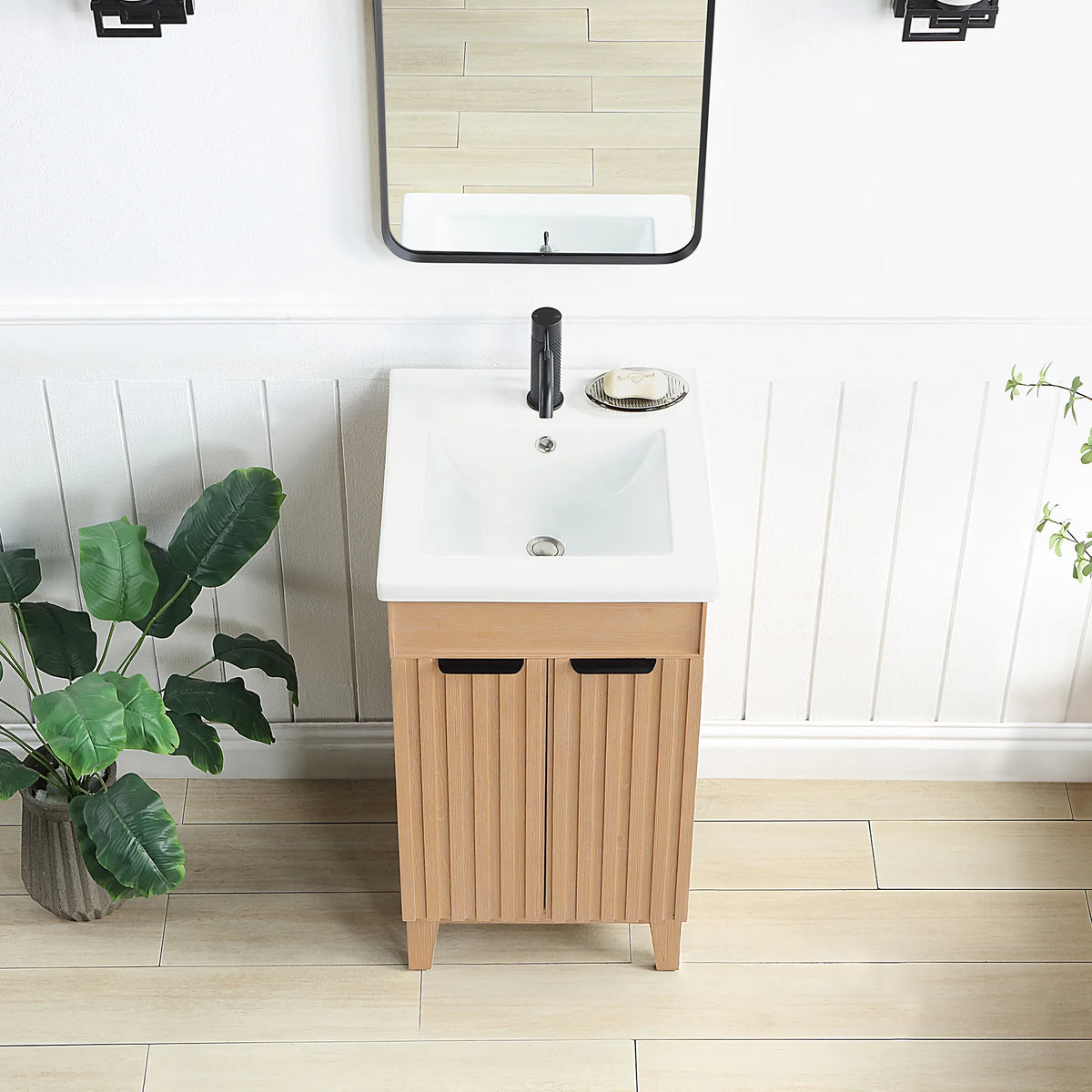 Near view of the Fir Wood Brown front and white ceramic basin top, a bath with white paneled walls