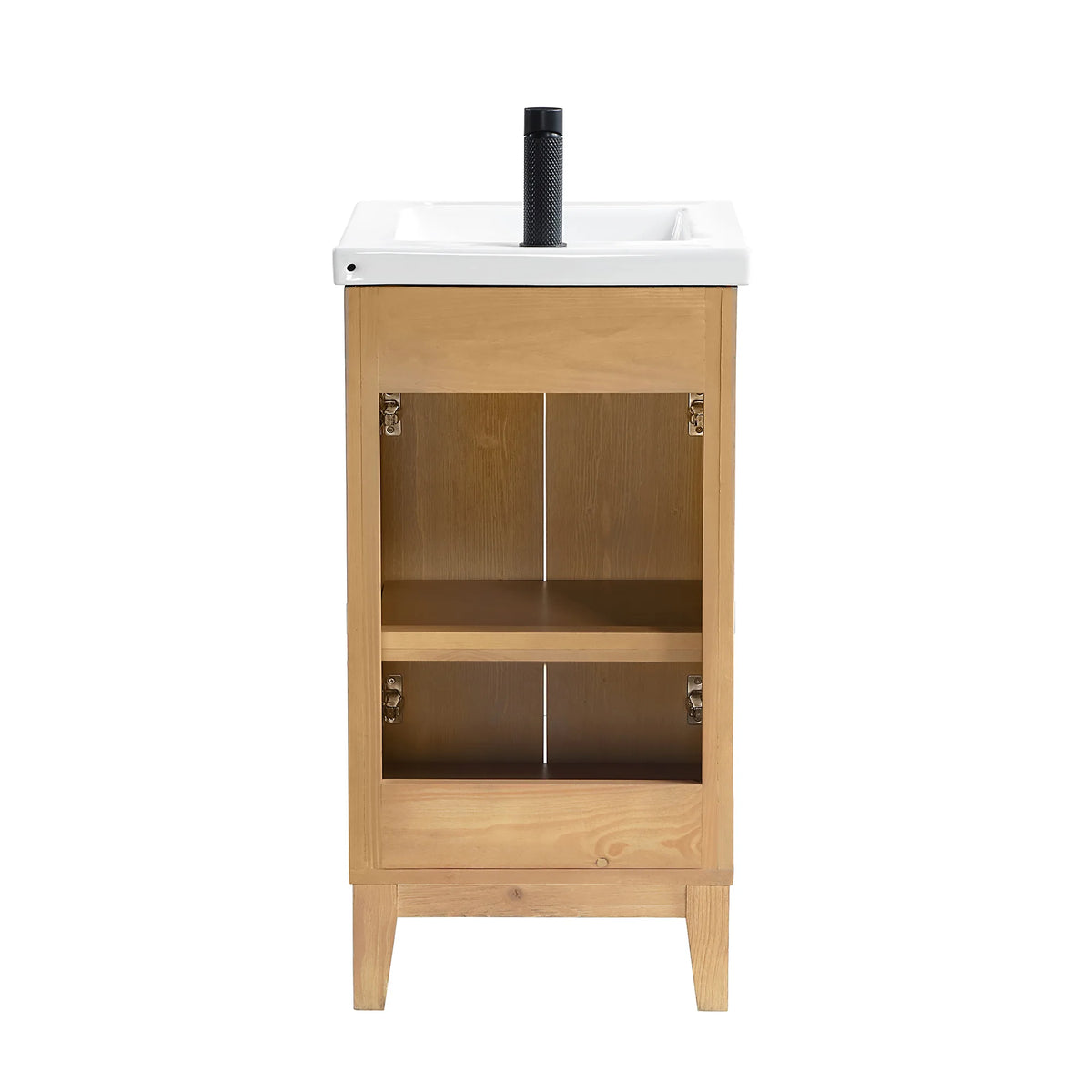 Interior of the Fir Wood Brown vanity base seen from the back, white background
