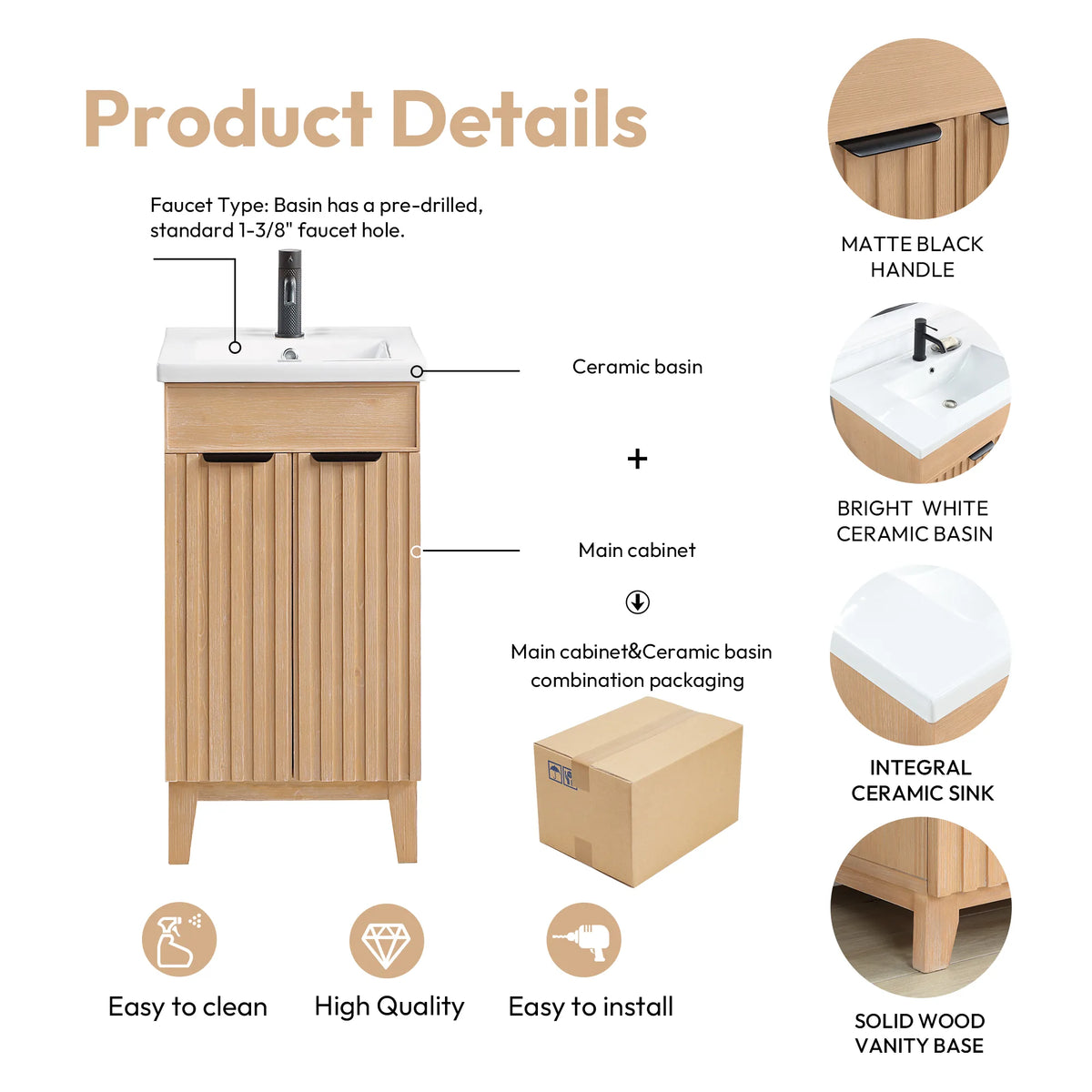 Product details graphic naming the handle and basin, with notes on packaging and the solid wood base