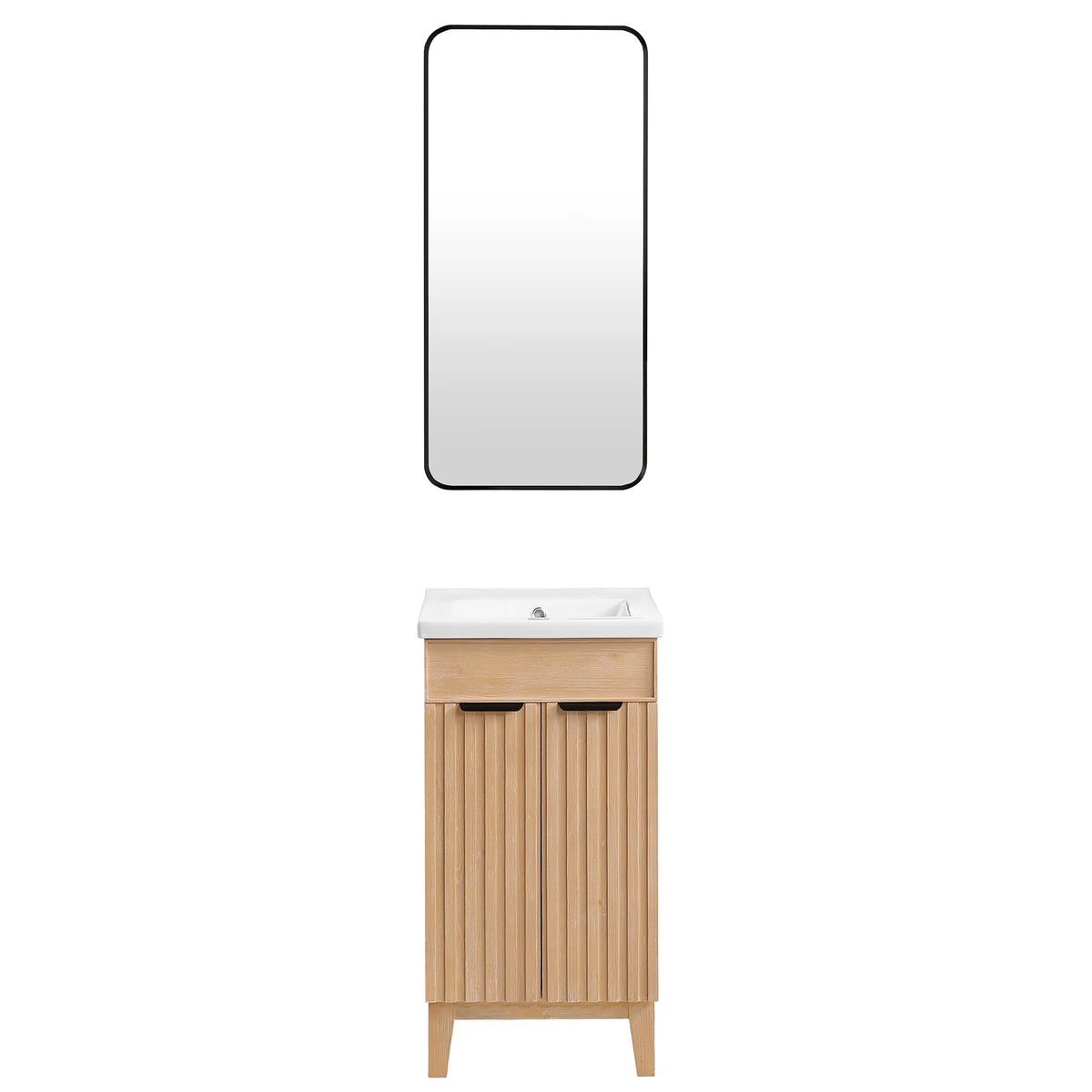 Rectangular wall mirror sold with the Fir Wood Brown single vanity, shown as a set