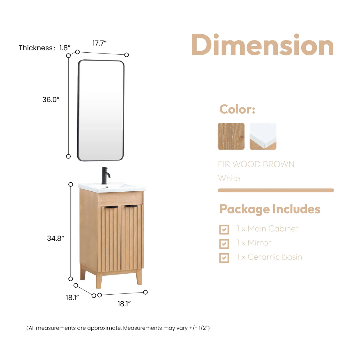 Size diagram of the 18-inch single vanity and its rectangular wall mirror