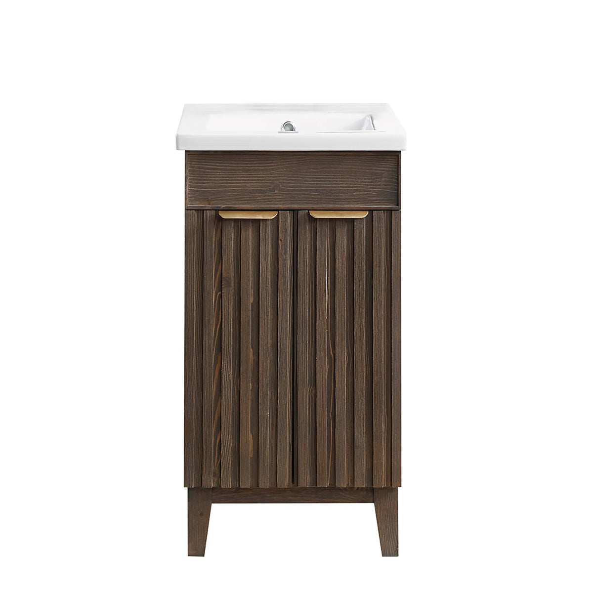 Spruce Aged Brown single bathroom vanity, 18-inch, with white ceramic basin top, photographed head-on, no mirror