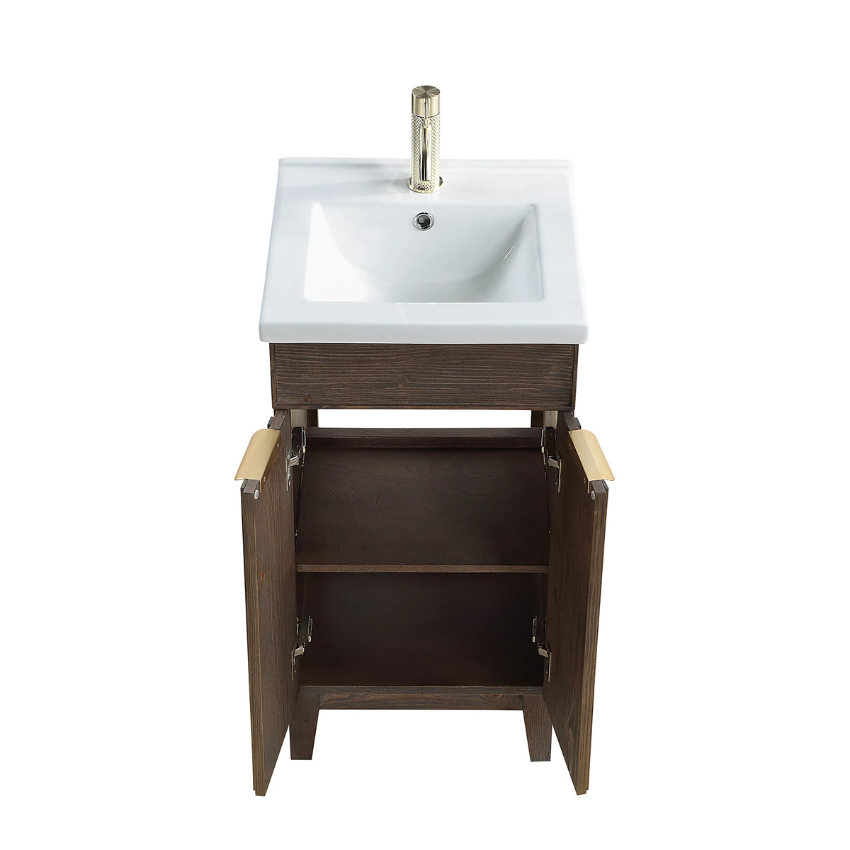 Doors swung open on the 18-inch vanity to show the interior shelf