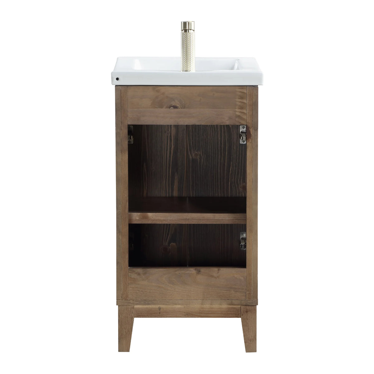Interior of the Spruce Aged Brown vanity base seen from the back, white background