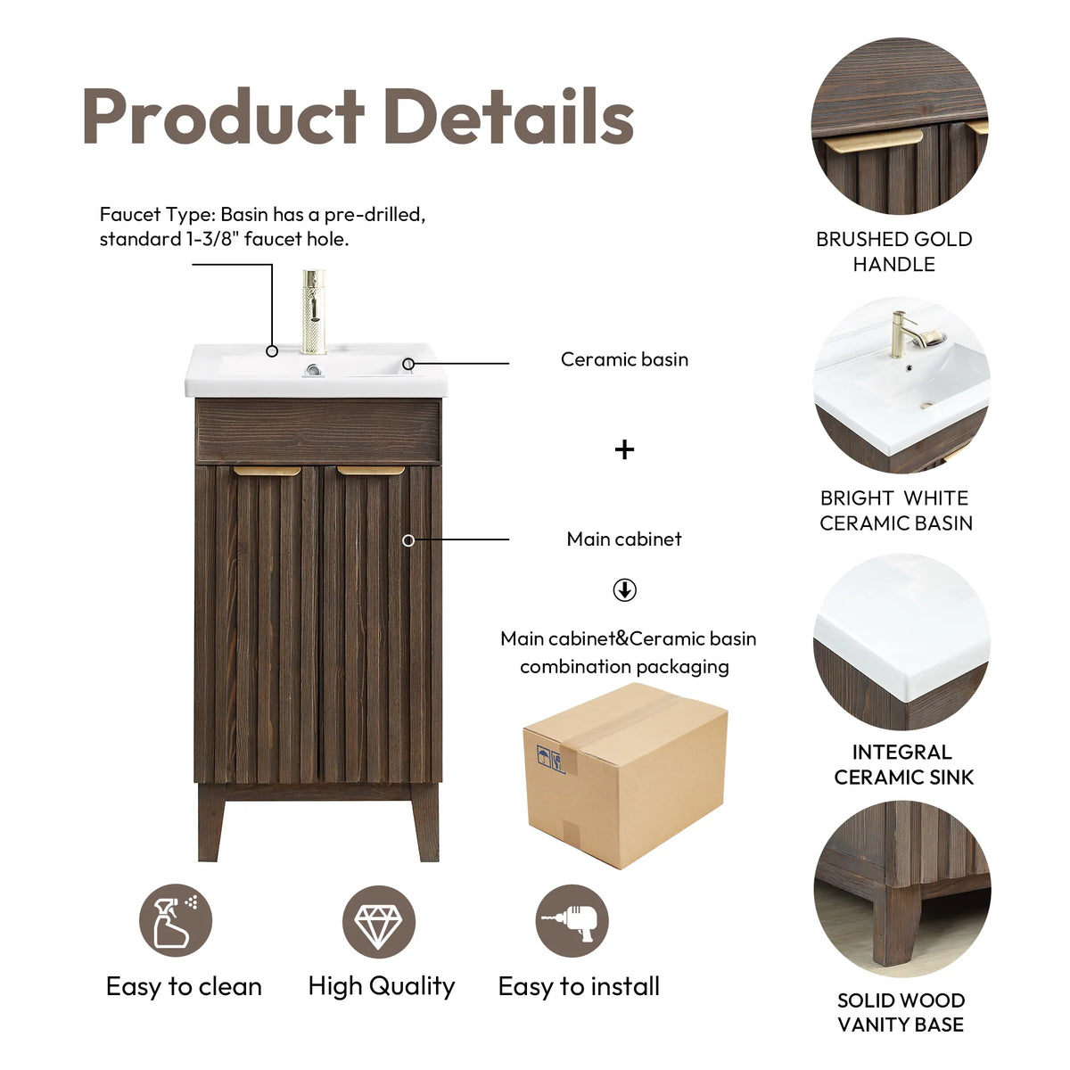 Product details graphic naming the handle and basin, with notes on packaging and the solid wood base