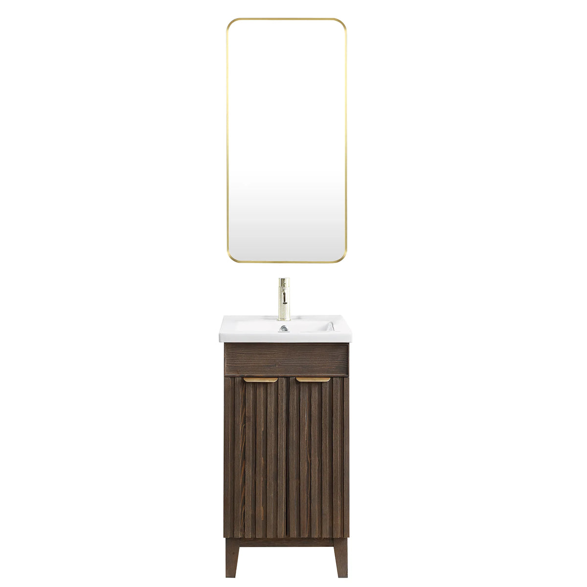 The matching rectangular wall mirror above the 18-inch Spruce Aged Brown single vanity, white studio shot