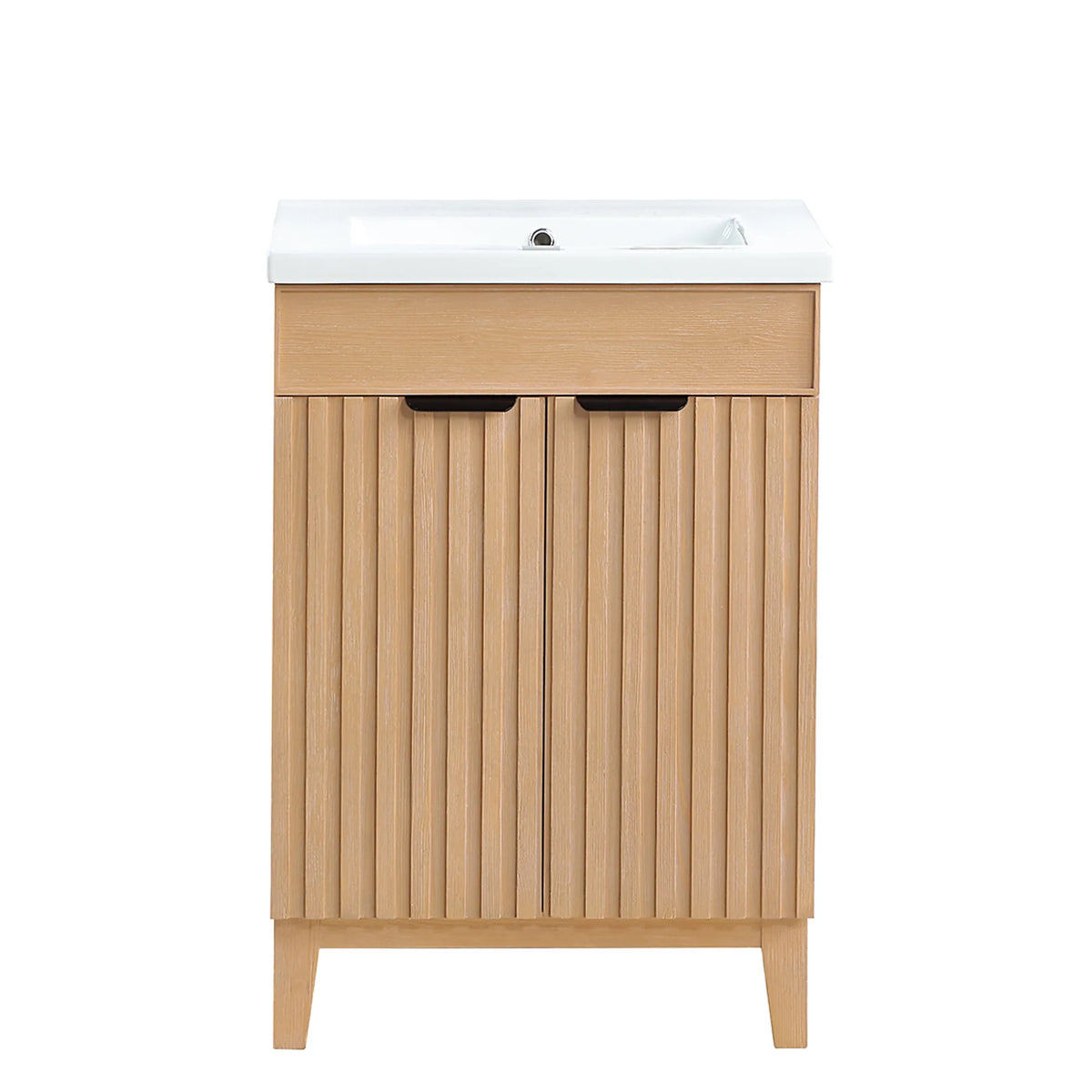 24-inch Fir Wood Brown single bathroom vanity with white ceramic basin top, studio front view