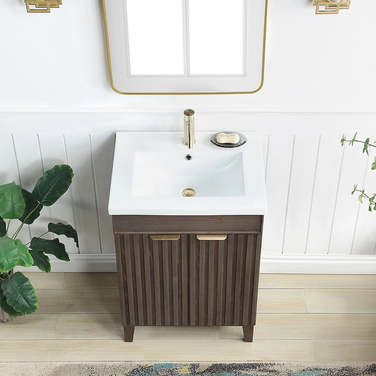24-inch single vanity, closer crop, a bath with white paneled walls