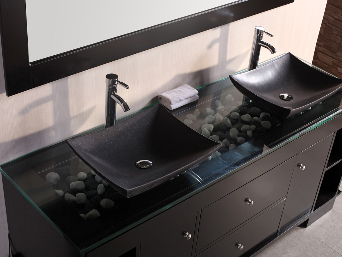 double bathroom sink with one drain